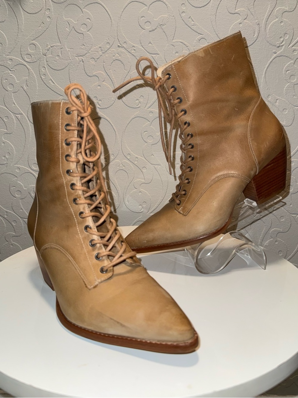 Matisse Tan Lace-Up Pointed Toe Ankle Boots
